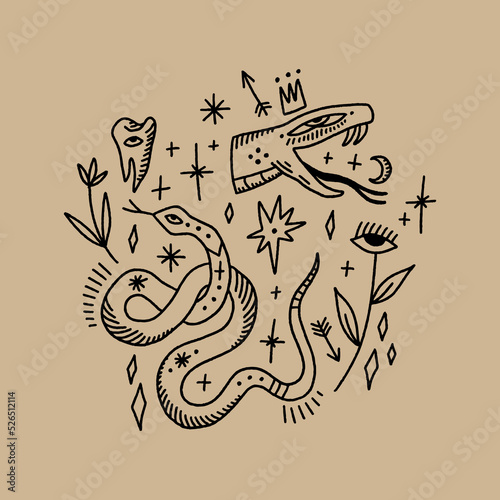 Medieval folk vintage snakes bundle vector and jpg printable image, unique clipart illustration, editable isolated details. Perfect for poster or postcard template, t-shirt clothes design, digital