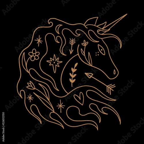 Unique illustration of celestial ornate unicorn head. Gold contour silhouette on black background. Vintage cartoon fairytale boho folk style, mythology character, magic creature. Tattoo concept.