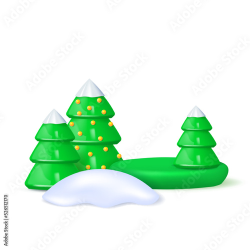 Happy New Year background. Snowy Christmas trees on the round studio podium. Realistic 3d Xmas decor