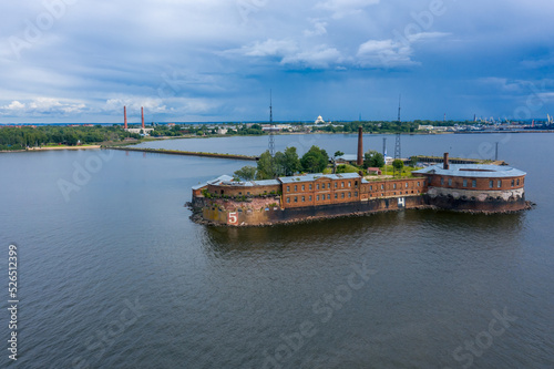 Aerial view of Fort Peter the First Citadel in Kronstadt. Kronstadt defensive fortress made of red brick. The waters of the Gulf of Finland, the movement of ships