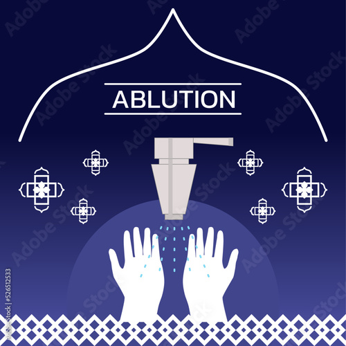 Ablution ; Muslim hand washing with flowing water from tap
