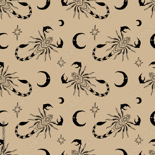 Vector and jpg Zodiac Srorpio scorpion and crescent moon printable astrology seamless pattern, unique repeat clipart illustration image, editable isolated details. Perfect for clothes design, wrapping