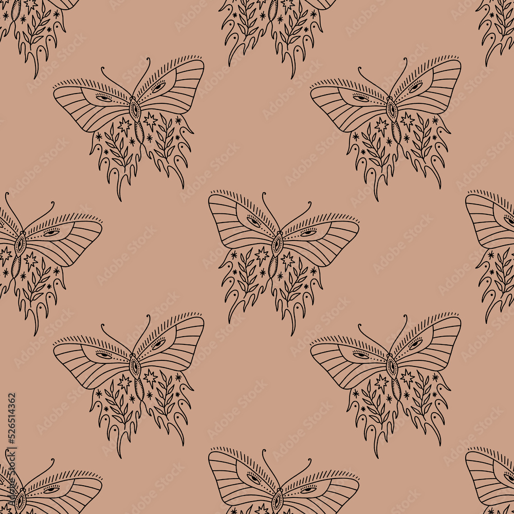 Fototapeta premium Hippie bohemian groovy funky butterfly in 1960s boho psychedelic style. Vector clipart seamless pattern repeat illustrations. Unique hand drawn template design.