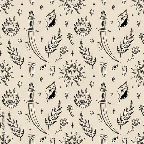 Magic medieval moon and sun hippie boho vintage astrology esoteric witch vector and jpg printable seamless pattern, unique repeat clipart illustration image, editable isolated details. Perfect for