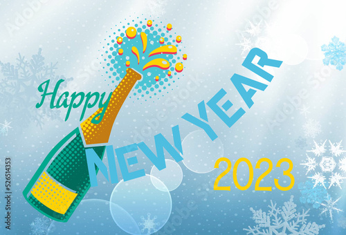 Happy New Year 2023, illustration with bottle, bokeh background with ice crystals. Text 'Happy new year 2023.'