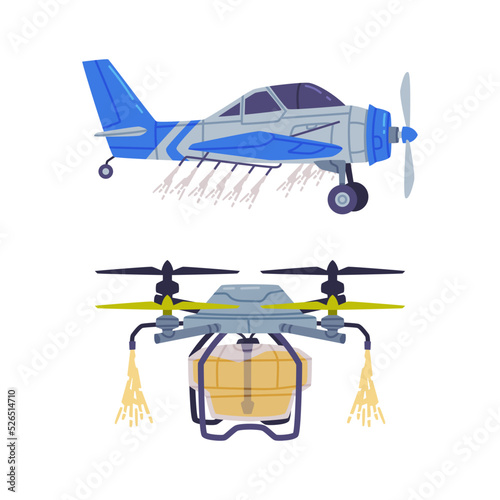 Agricultural aviation. Biplane and drone for agricultural and farming work flat vector illustration
