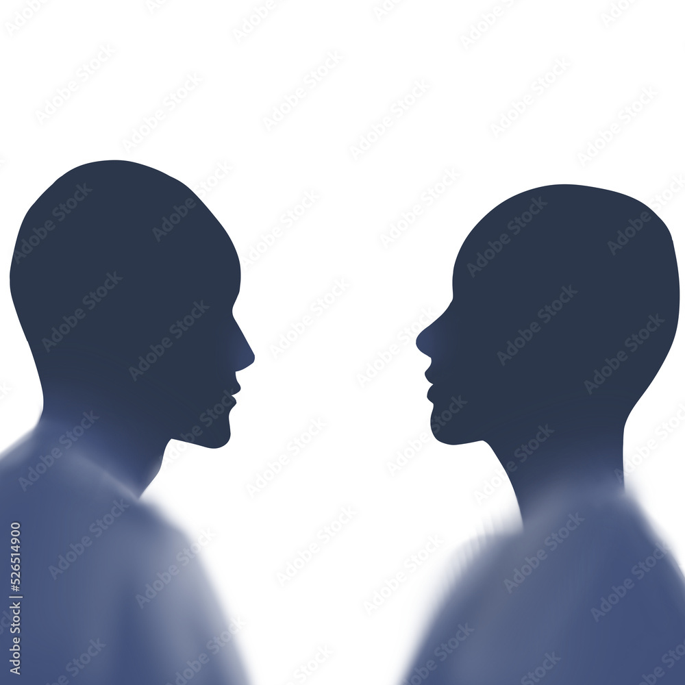 Silhouette of two people head. Dark blue color. Looking at each other