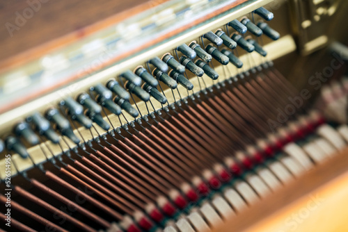 Details and closeup of keys Inside a classical piano. Musical and instrument concept. photo