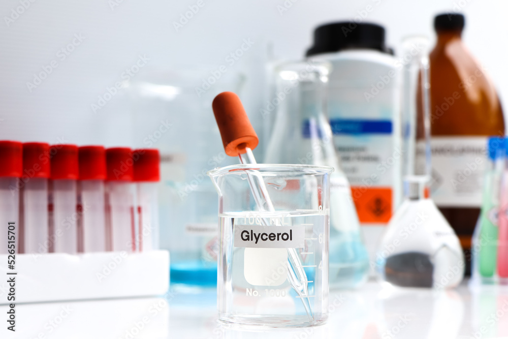 Glycerol in glass, chemical in the laboratory Glycerol in glass, chemical in the laboratory