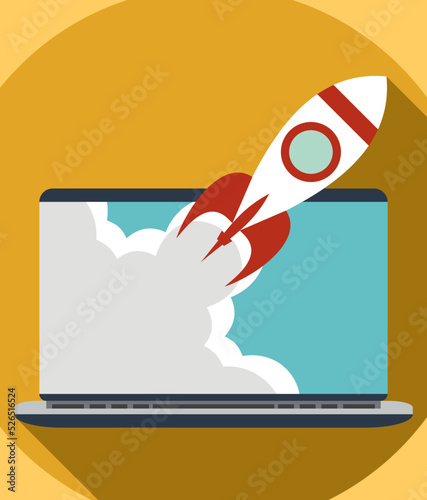 Rocket flying out of the monitor. Flat design colored icon of space rocket flying around Earth, concept for business startup