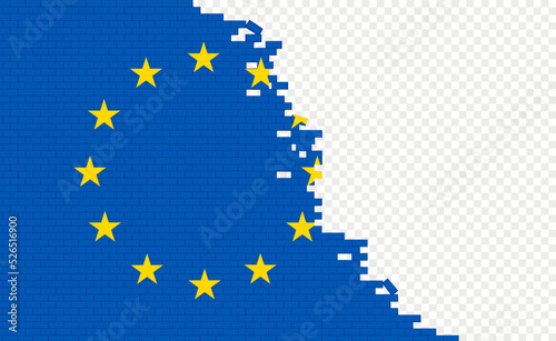 European Union flag on broken brick wall. Empty flag field of another country. Country comparison. Easy editing and vector in groups.