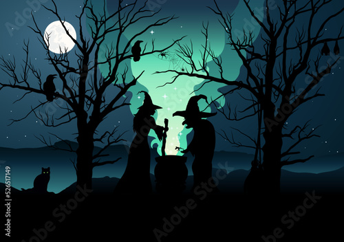 Witches brew a magical potion in cauldron. Happy Halloween greeting card, template photo