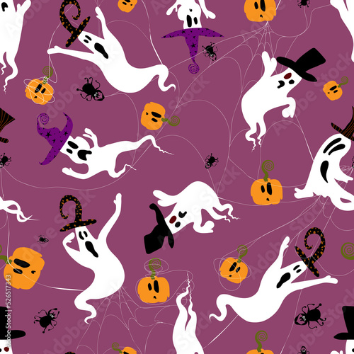 Halloween pattern ghostly spiders  cobwebs  pumpkins.For fabrics  for printing brochures  posters  parties  vintage textile design  postcards  packaging.