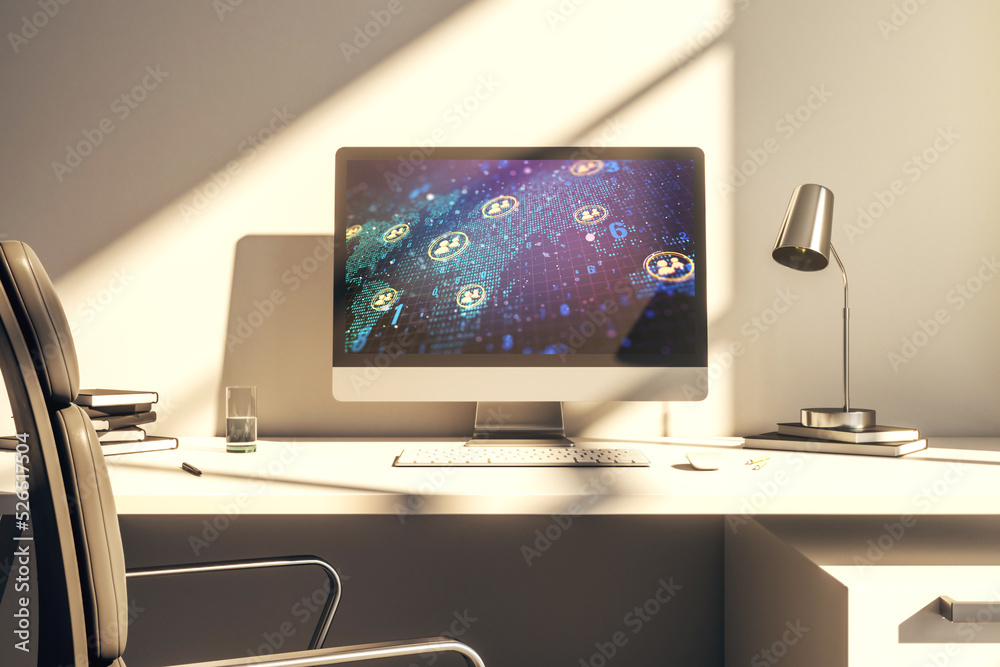 Modern computer screen with social network icons concept and world map. Networking concept. 3D Rendering Modern computer screen with social network icons concept and world map. Networking concept. 3D Rendering