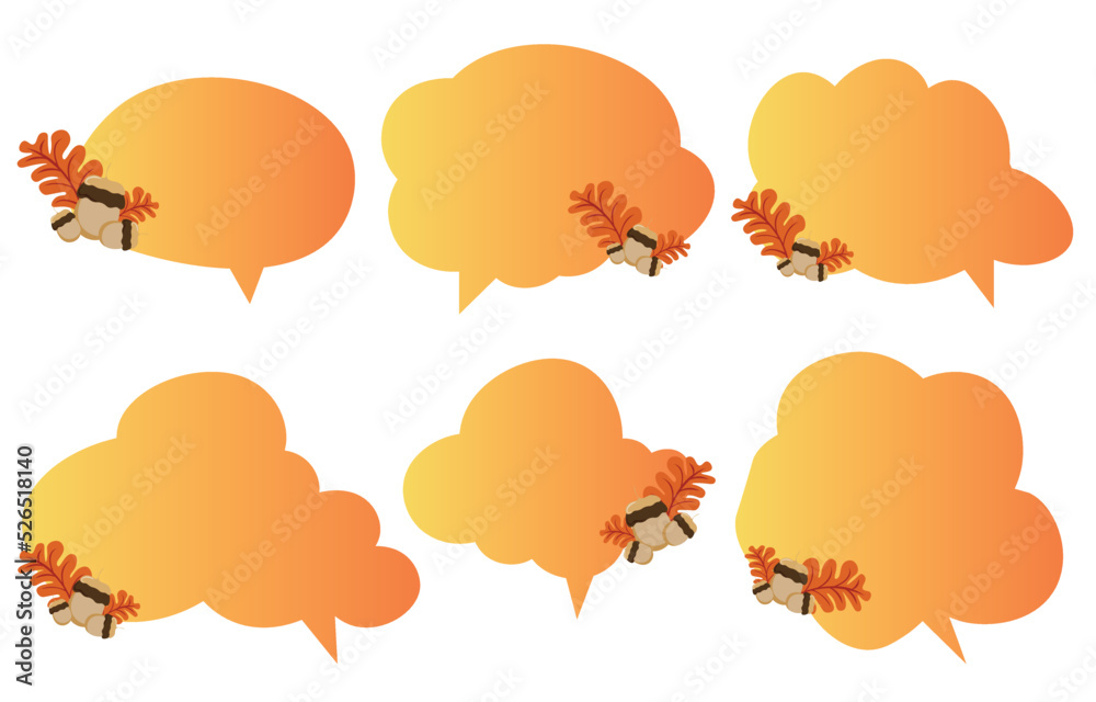 Fototapeta premium Set speech bubbles with brown leaves. Autumn and fall concept on white background.warm color chat vector doodle message or communication icon Cloud speaking for comics and minimal message dialog