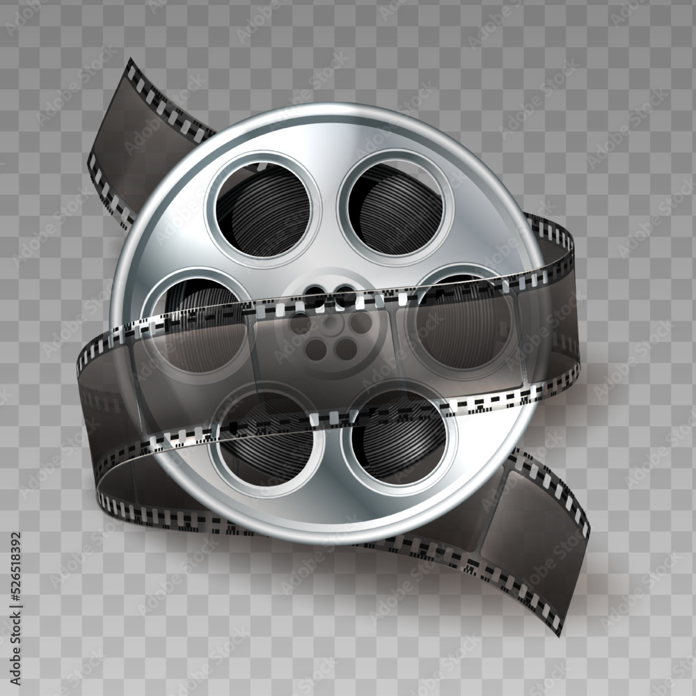 Film reel or movie metal roll with black tape. Isolated on white
