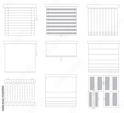 A set of horizontal and vertical blinds. Vector linear minimalistic illustration of horizontal blinds curtains. Window blinds, shades line icons.
