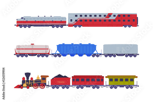 Freight and passenger rail transport set. Railway locomotive train with wagons flat vector illustration