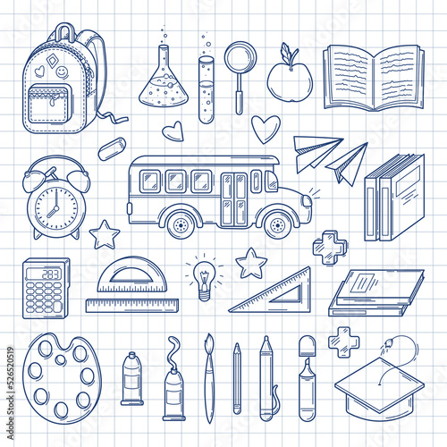 Back to School. Big set of doodles pictures, school bus and supplies in sketch style,. Isolated on checkered background
