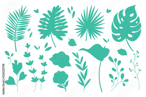 Tropical collection with exotic flowers and leaves. Silhouette isolated on white background