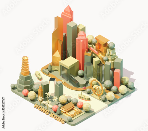 Vector isometric Hong Kong skyline, China. Low poly illustration. Fictional isometric map. Hong Kong landmarks and famous buildings