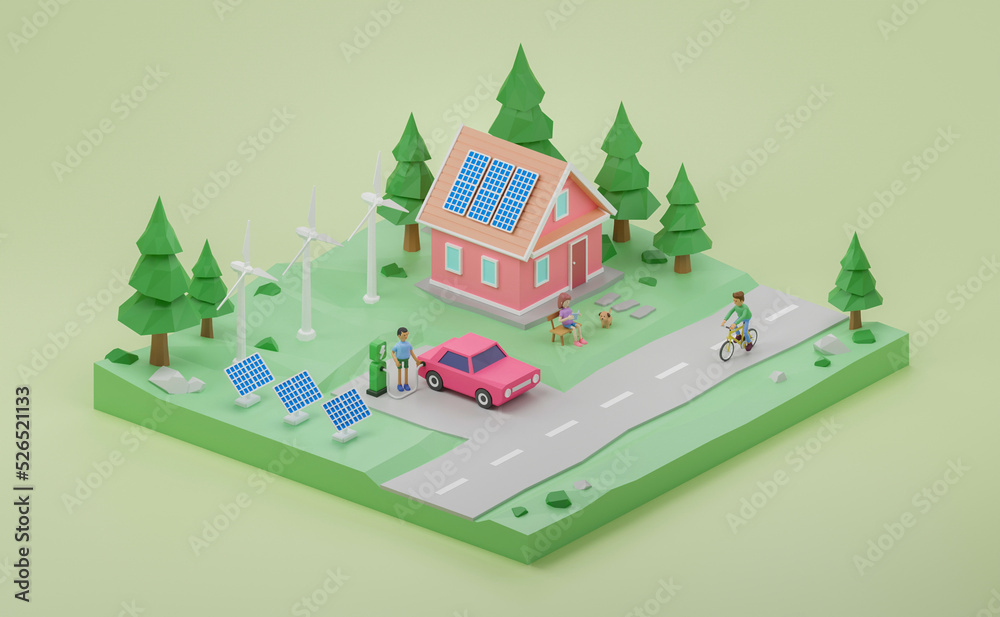 Electricity green energy clean nature eco saving solar panels power plant and wind turbines,Smart Grid Technology House and Electric Car, charging station, Renewable solution energy.3d rendering.