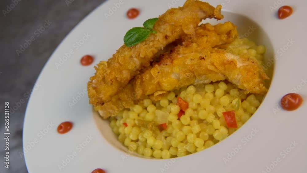 Recipe for chicken tenders with corn flakes and Italian Piombo pasta risotto and peppers. High quality video Recipe for chicken tenders with corn flakes and Italian Piombo pasta risotto and peppers. High quality video