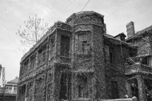 Old disrepair house in the neighborhood of the town, grayscale, close-up photo