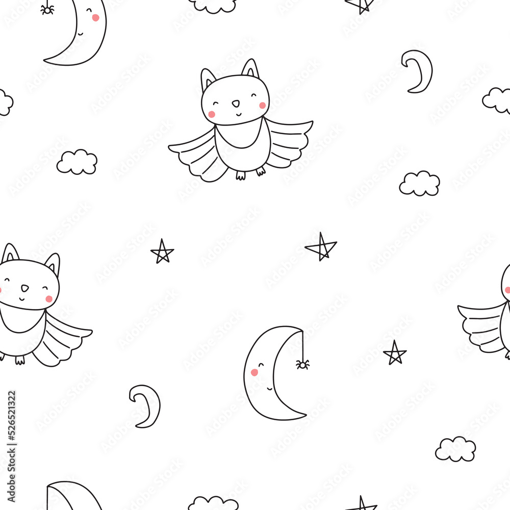 Fototapeta premium Seamless vector pattern with black bats on a white background with moons in doodle style. Halloween background. Cartoon mysterious illustration. Dark night