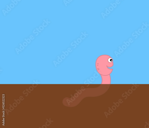 A smiling pink worm stirring the earth with blue sky - illustration