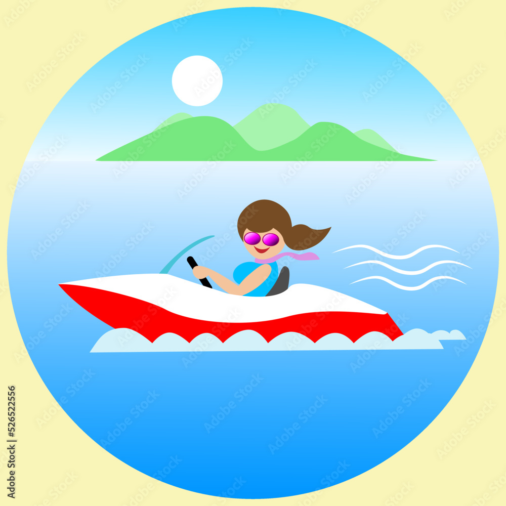 A young woman rides in a colored sports boat against the background of the island. For store design, background for website banners, logo. Vector graphics.