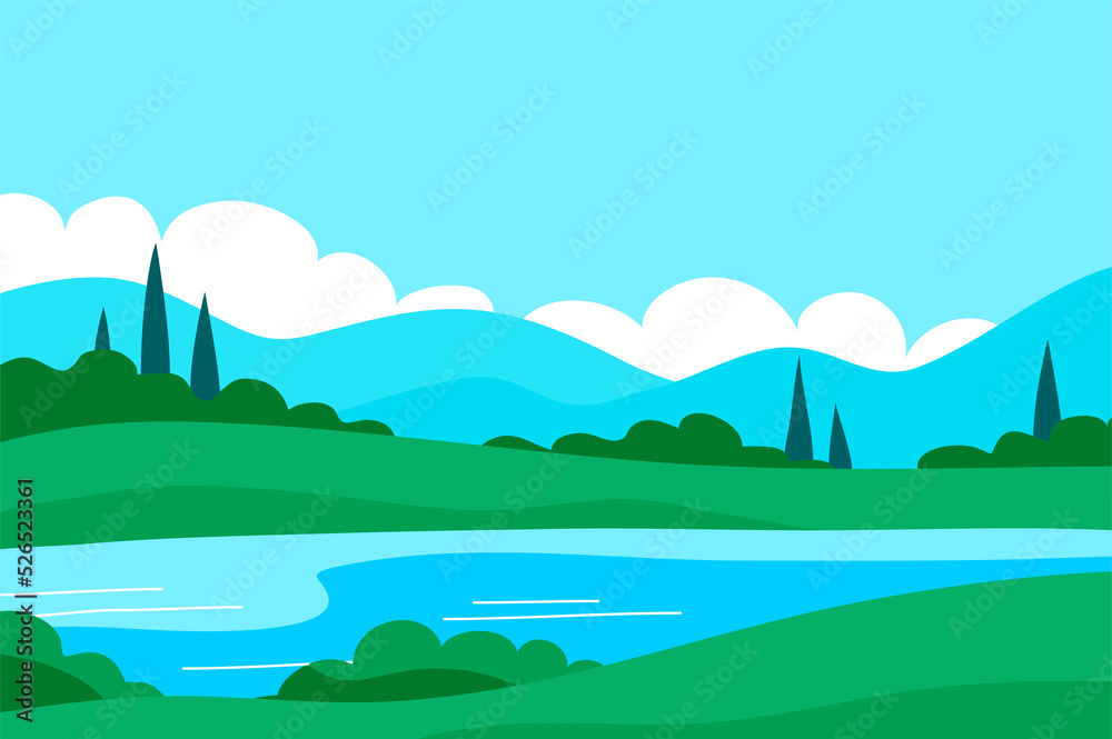 Summer italian landscape of nature. Panorama with green forest, cypress, fields, blue sky and lake. Rural scener. Flat illustration