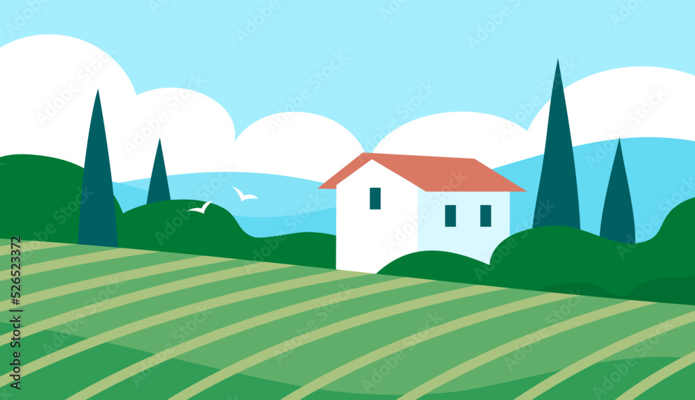 Summer italian landscape of nature. Panorama with green forest, vineyard, cypress, fields, blue sky and lake. Rural scener. Flat vector illustration