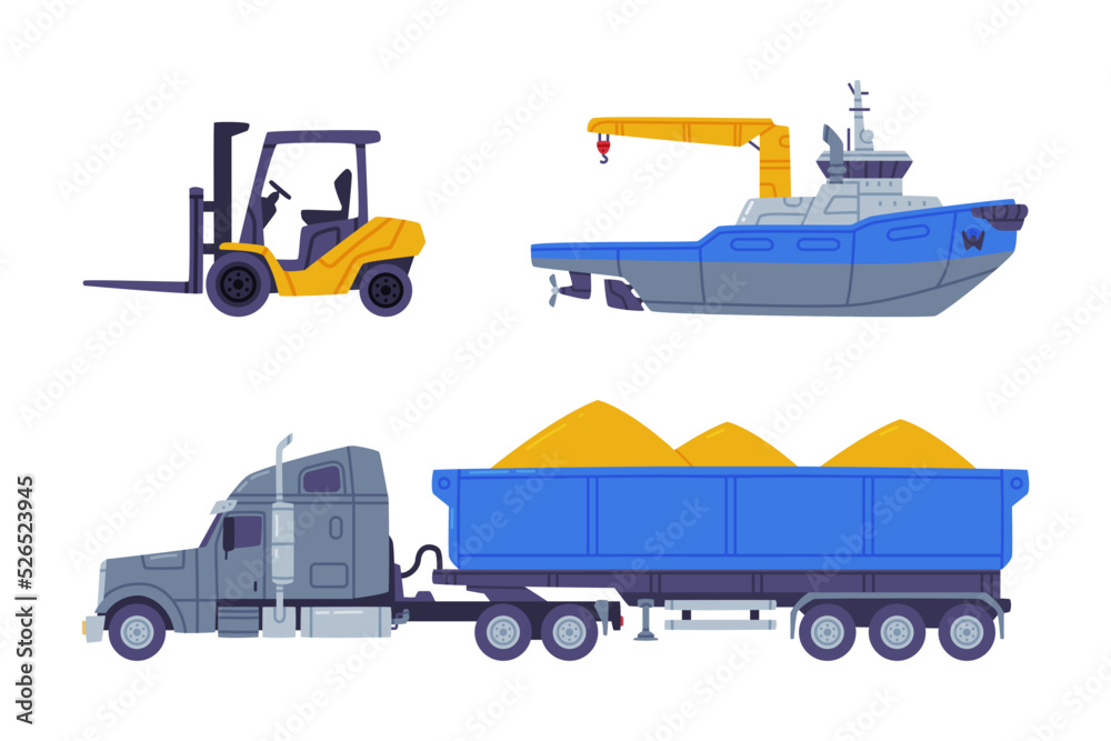 Industrial cargo transport set. Loaded dump truck, forklift and cargo ship flat vector illustration