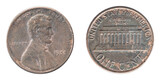 Old copper American US coin 1 one cent 1988 with a portrait of President Lincoln close-up isolated on a white background.