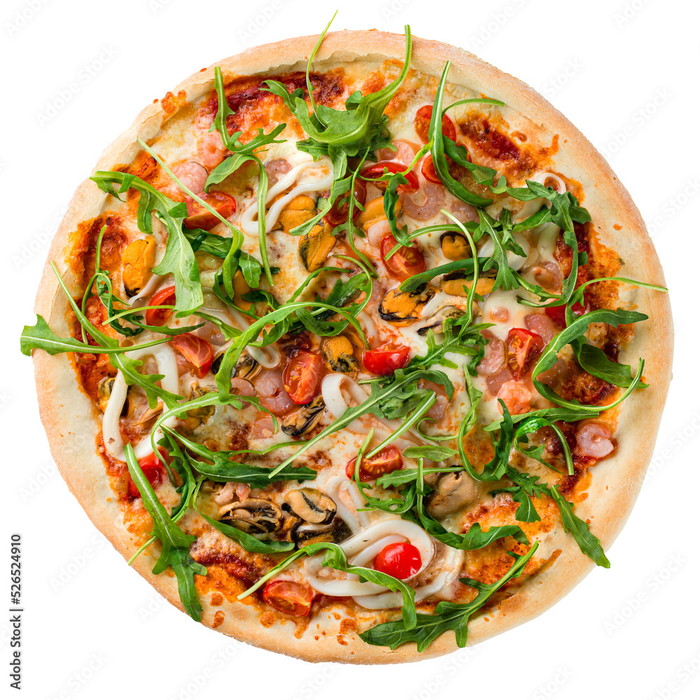 italian seafood pizza isolated on white background for menu top view italian seafood pizza isolated on white background for menu top view