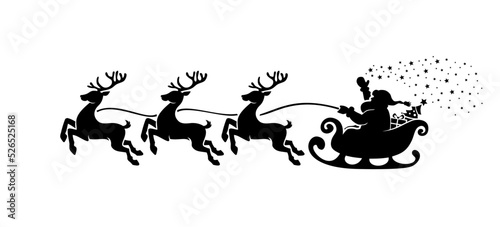 Santa Claus silhouette scatter the stars in sleigh full of gifts with reindeers . Merry christmas and Happy new year decoration. Vector on transparent background photo