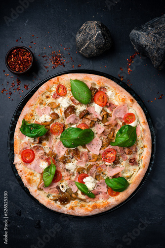 Tasty hot italian pizza Prosciutto with Parma ham, Cheese Mozzarella, Tomatoes Pizzeria menu.