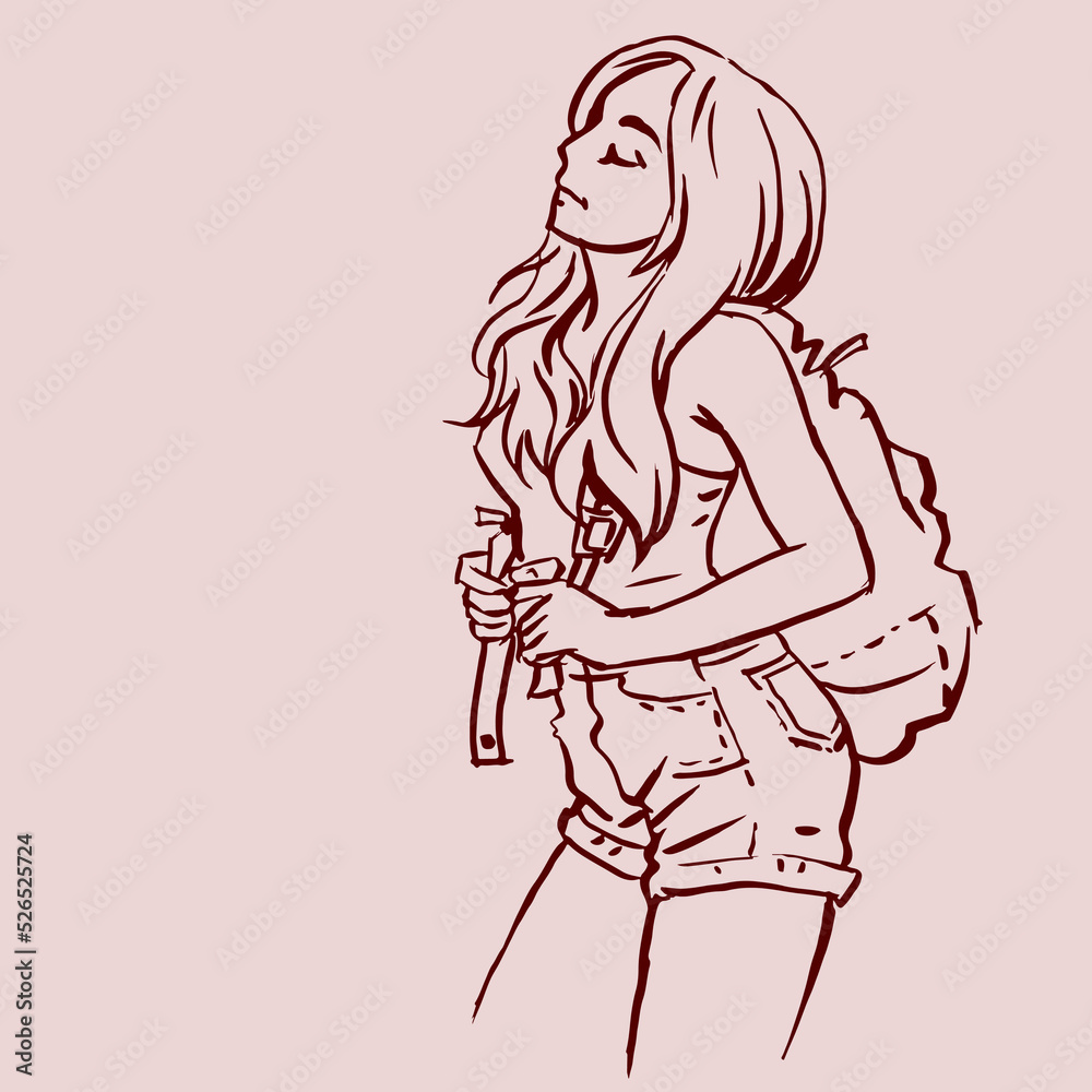 drawing of girl with backpack vector for card illustration background drawing of girl with backpack vector for card illustration background