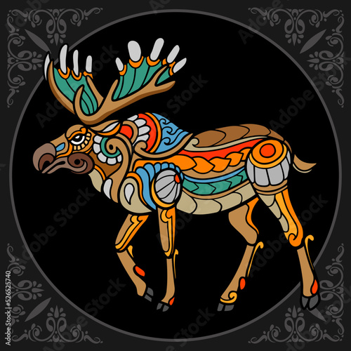 Colorful moose zentangle arts isolated on black background