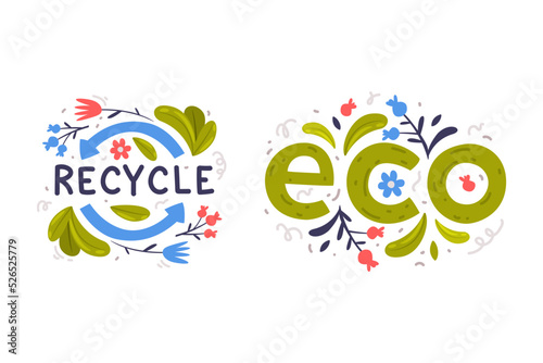 Eco and recycle symbols. Healthy natural product and ecology labels vector illustration