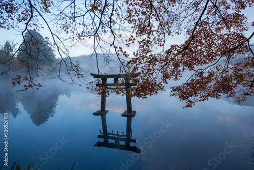 由布院・金鱗湖鳥居と紅葉 photo