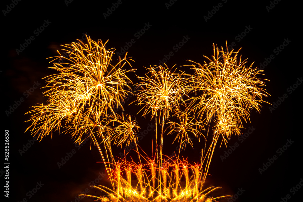 beautiful golden firework display set for celebration happy new year and merry christmas and  fireworks on black background