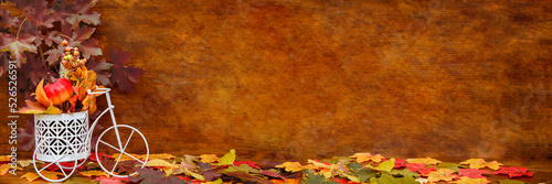 Banner, extra wide format. souvenir decorative white bicycle with a pumpkin and autumn leaves on a wooden background. Autumn postcard. Copy space, place for text