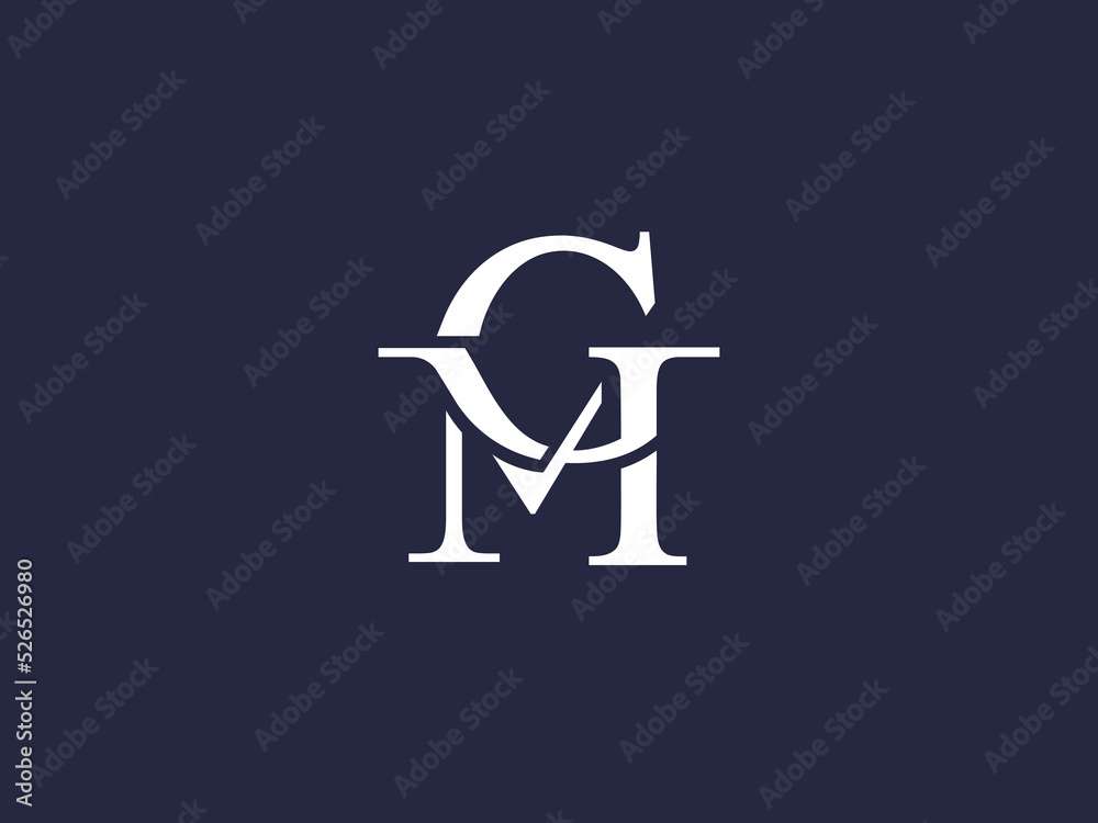 GM logo in unique, luxurious, mature, and elegant style. A modern classic  monogram serif font. Perfect for wedding monogram, personal brand, fashion  logo, etc. Stock Vector