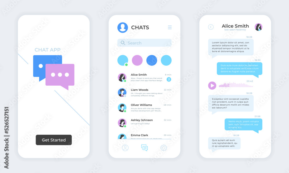 Chat app. Text messaging mobile application UI. Online messaging, live chat  app mockup, templates set. Vector concept Stock Vector | Adobe Stock