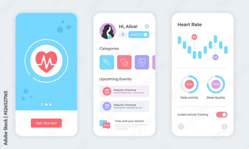 Health app. Fitness app for mobile phone, health tracking, medical application design. UI screens, UX templates set. Healthcare mobile app mockup. Vector concept Health app. Fitness app for mobile phone, health tracking, medical application design. UI screens, UX templates set. Healthcare mobile app mockup. Vector concept