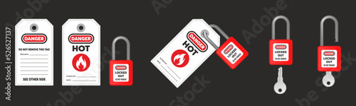 Lock out, tag out with a danger hot tag vector illustration. Danger and do not remove this tag warning. Machine and electrical system and safety equipment. Isolated on black background.
