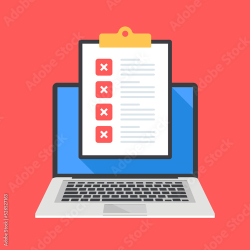 Checklist and x marks. Clipboard with check list and cross marks on laptop screen. Error, mistake concepts. Vector illustration