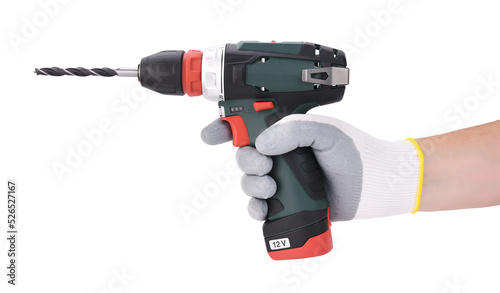 A man's hand holds a screwdriver in his hand isolated on a white background.